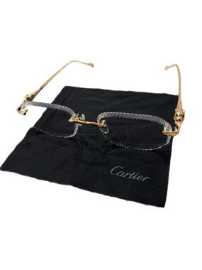 Cartier Panther Rimless Glasses Gold Frame Blue Eyes Designer Eyewear